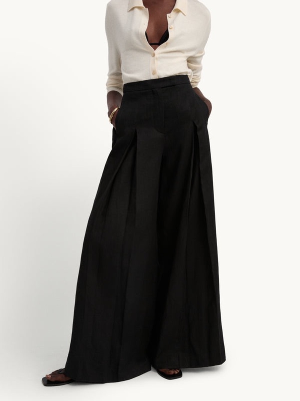 GOOP G LABEL Linen Cotton Blend Macy Trouser Draped Pants Black